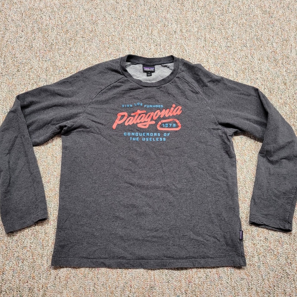 Patagonia Sweatshirt Mens‎ Medium Grey Organic Cotton Script Logo Crew Outdoors
